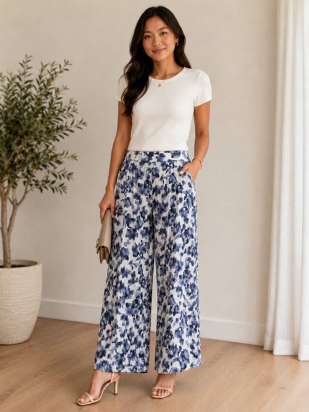 NWOT Vince Camuto Wonens Rayon Floral White Blue Wide Leg Pull On Pants Boho XL